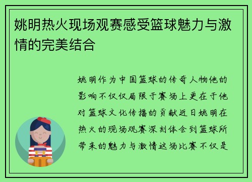 姚明热火现场观赛感受篮球魅力与激情的完美结合